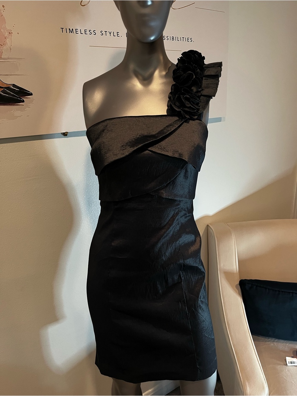 Dots Black/Dark Gray One-Shoulder Cocktail Dress with Floral Accent